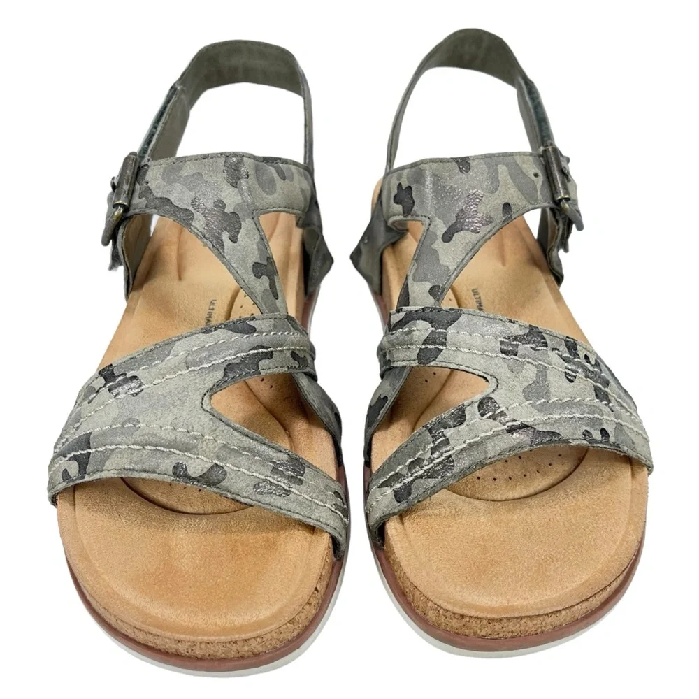 Clarks Women 7.5M Brynn Step Olive Camo‎ Leather Ultimate Comfort Sandals Shoes - Picture 2 of 12